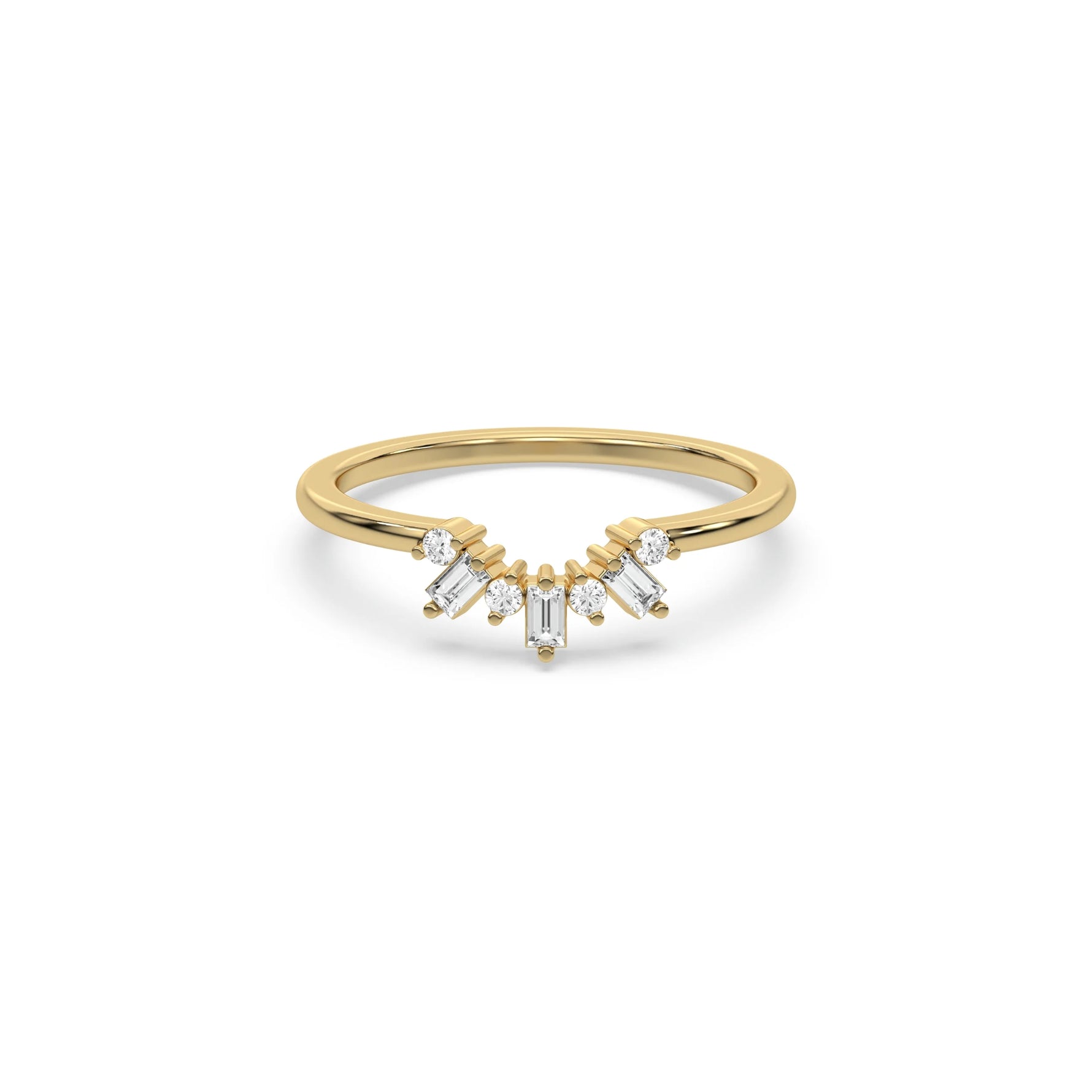 Yellow gold curved tiara wedding band with alternating round and baguette diamonds ring. Delicate arching stacking ring for women.