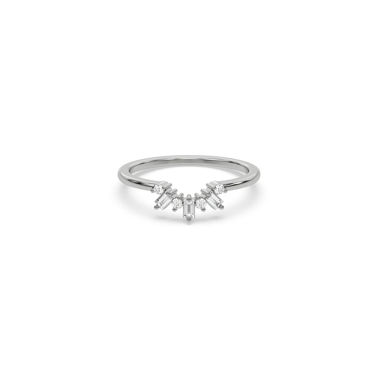 white gold curved tiara wedding band with alternating round and baguette diamonds ring. Delicate arching stacking ring for women.