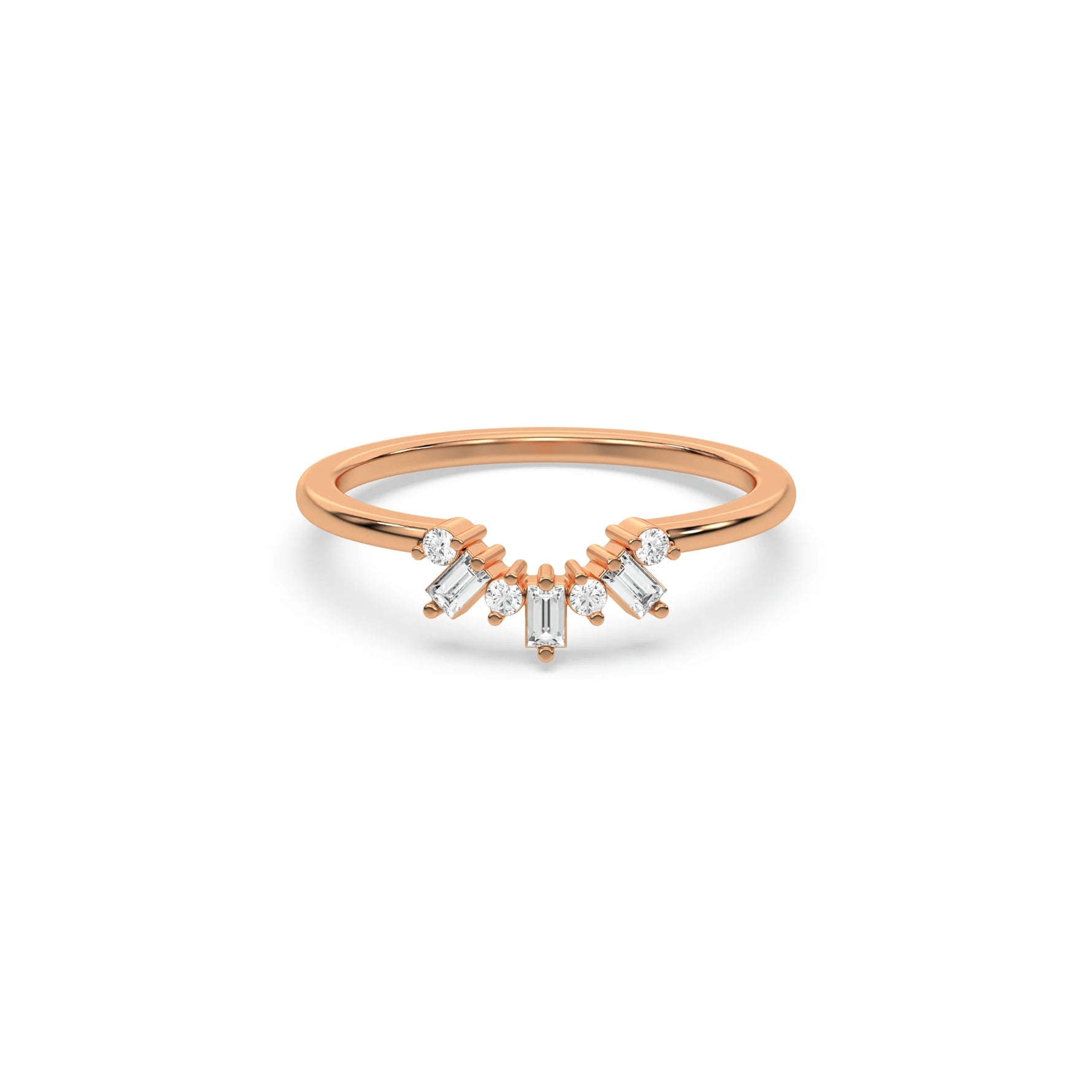 rose gold curved tiara wedding band with alternating round and baguette diamonds ring. Delicate arching stacking ring for women.