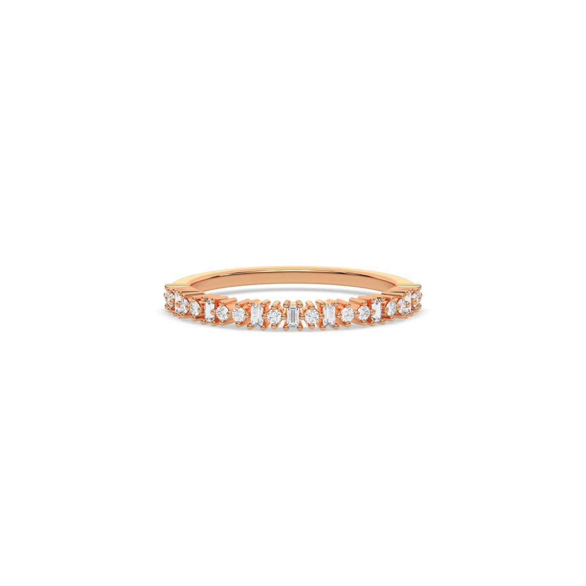 This rose gold ring displayed on front view is made with brilliant round diamond and baguette diamond set in prong setting