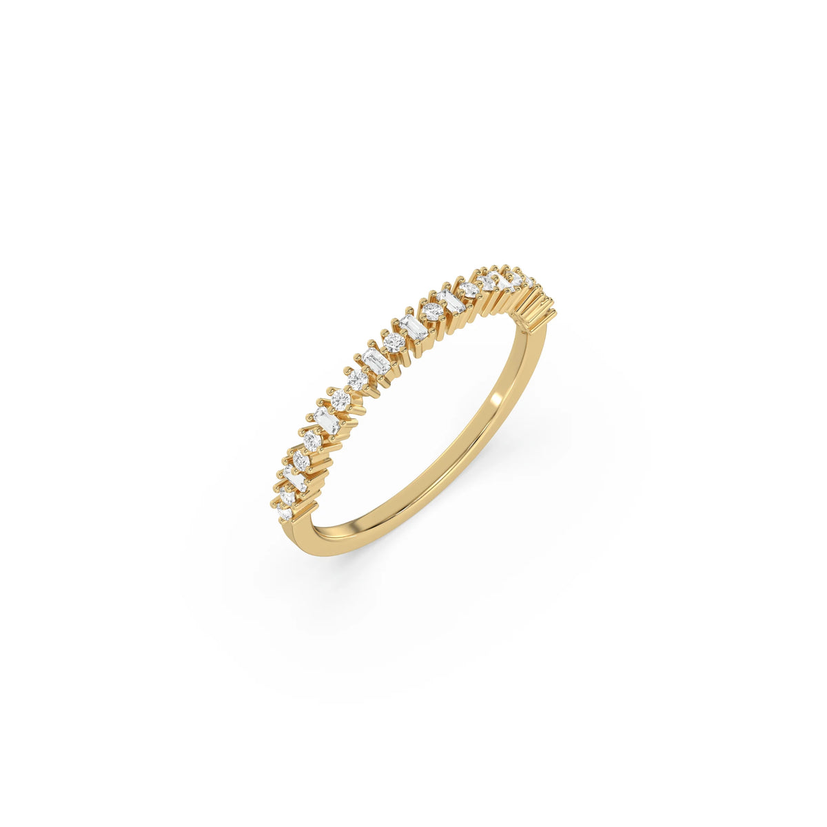 This yellow gold ring displayed on 3d view is made with brilliant round diamond and baguette diamond set in prong setting