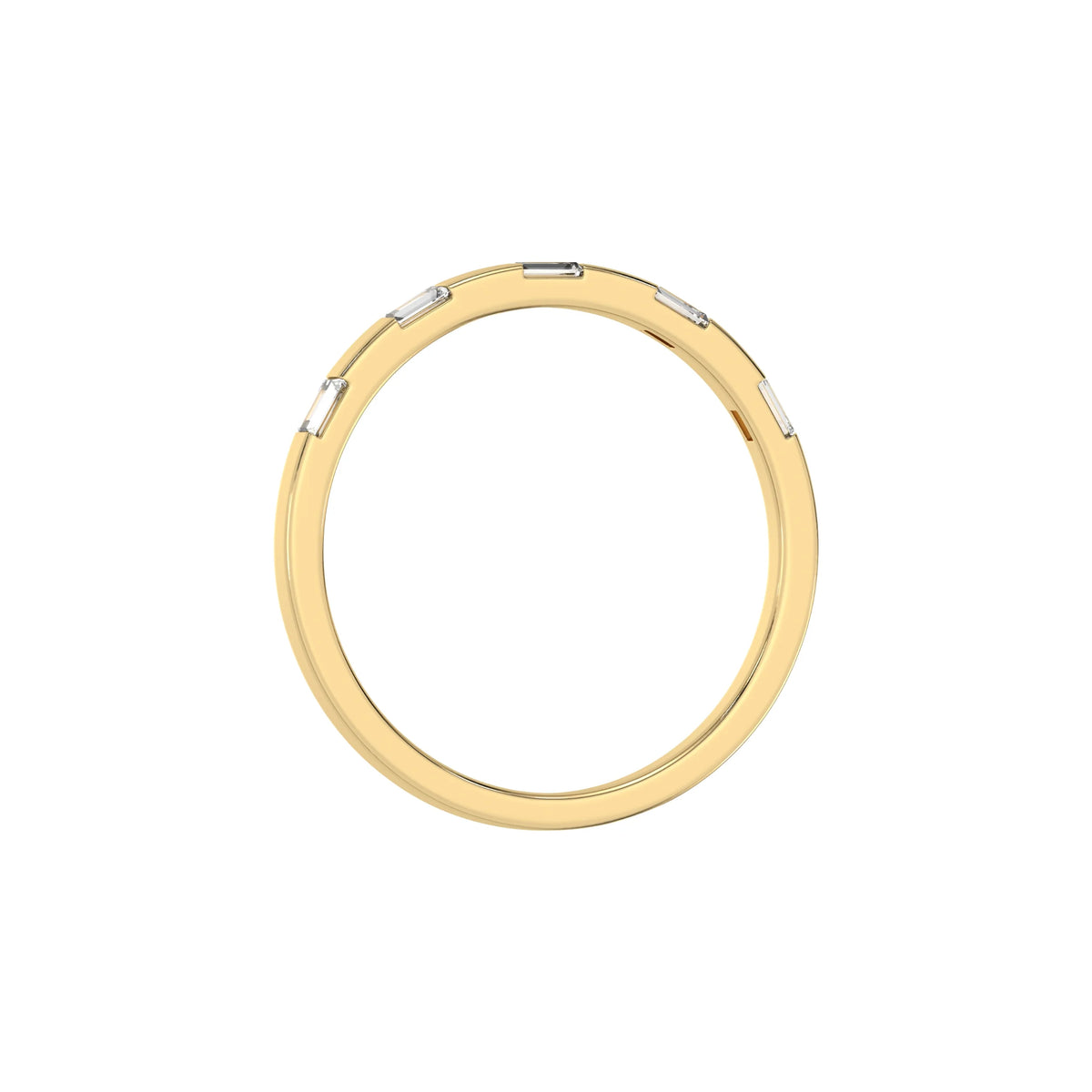 This yellow gold Half Eternity Distance Diamond Band made with baguette diamonds and arranged at intervals creating and alternating pattern between gold and diamond in through finger view