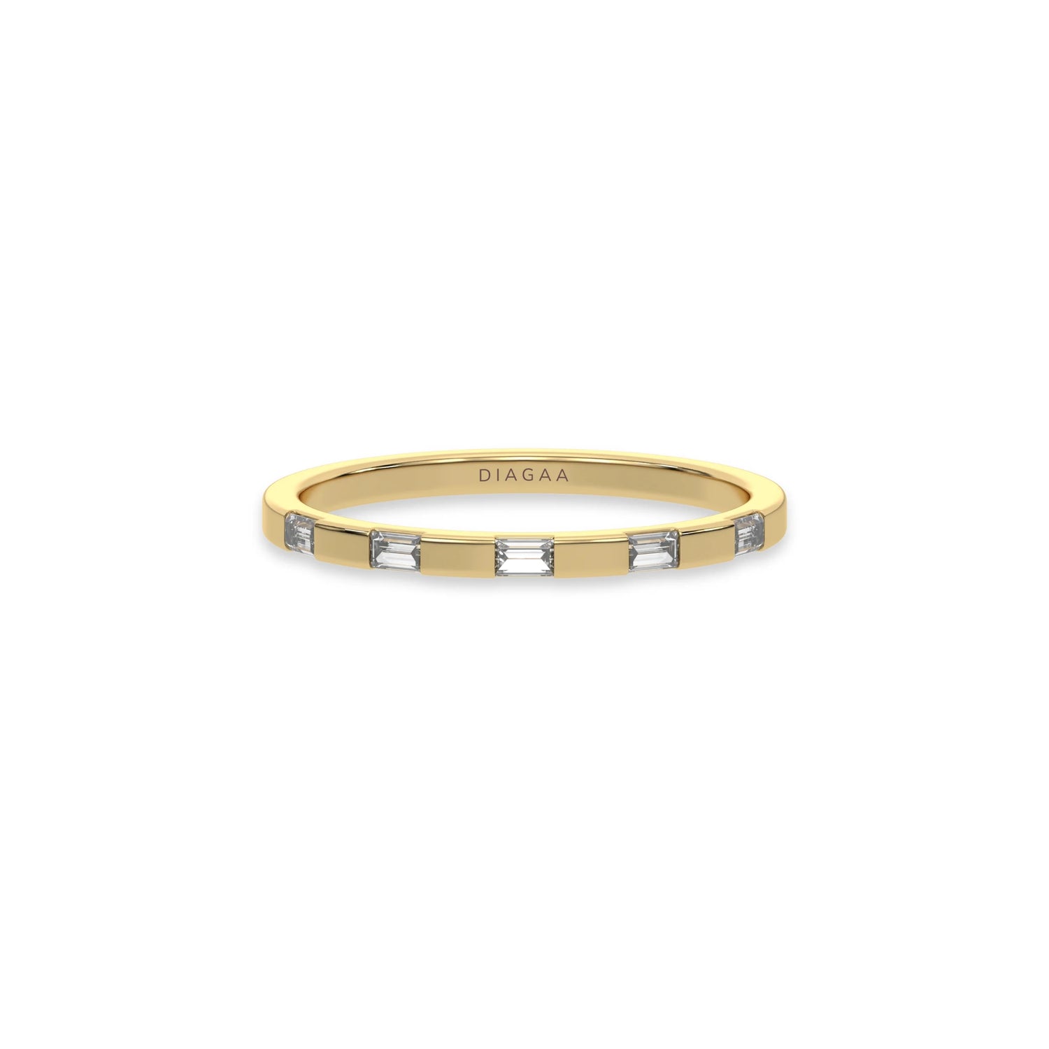 This yellow gold Half Eternity Distance Diamond Band made with baguette diamonds and arranged at intervals creating and alternating pattern between gold and diamond in top view