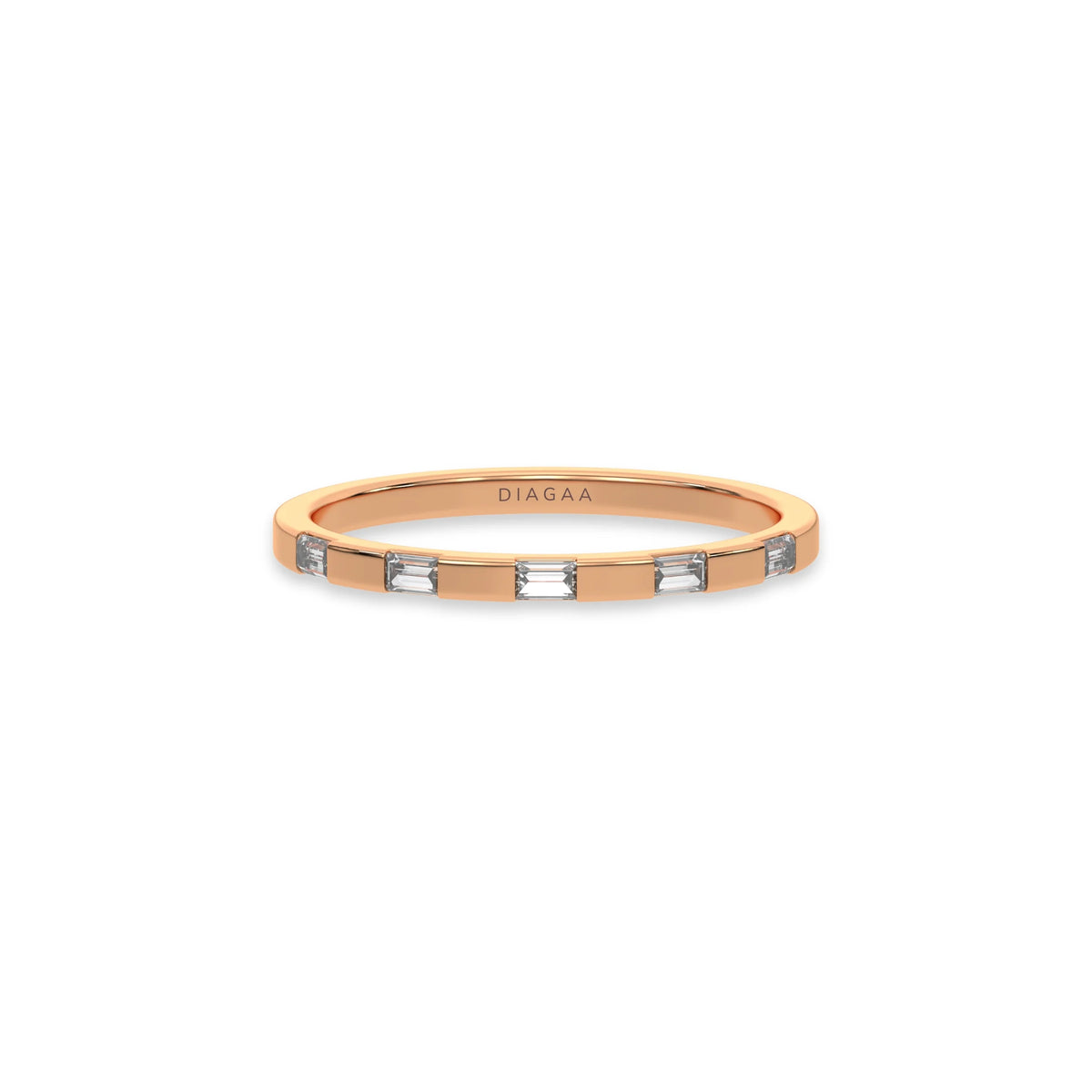 This rose gold Half Eternity Distance Diamond Band made with baguette diamonds and arranged at intervals creating and alternating pattern between gold and diamond in top view