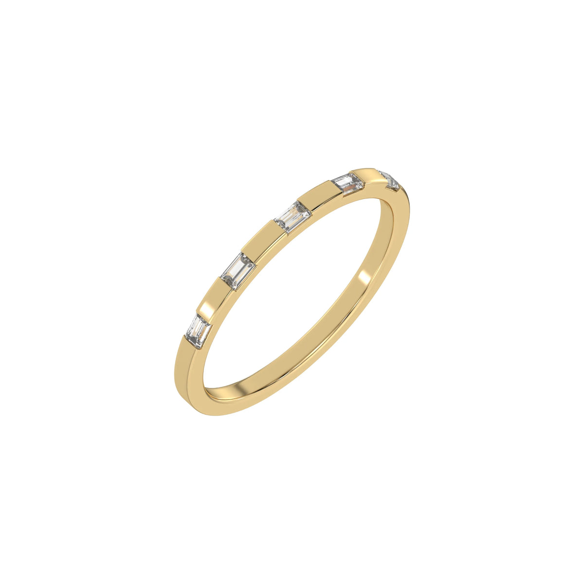 This yellow gold Half Eternity Distance Diamond Band made with baguette diamonds and arranged at intervals creating and alternating pattern between gold and diamond in 3d view