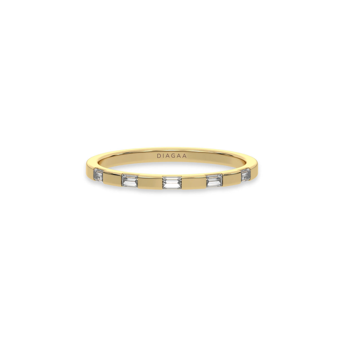 This yellow gold Half Eternity Distance Diamond Band made with baguette diamonds and arranged at intervals creating and alternating pattern between gold and diamond in top view