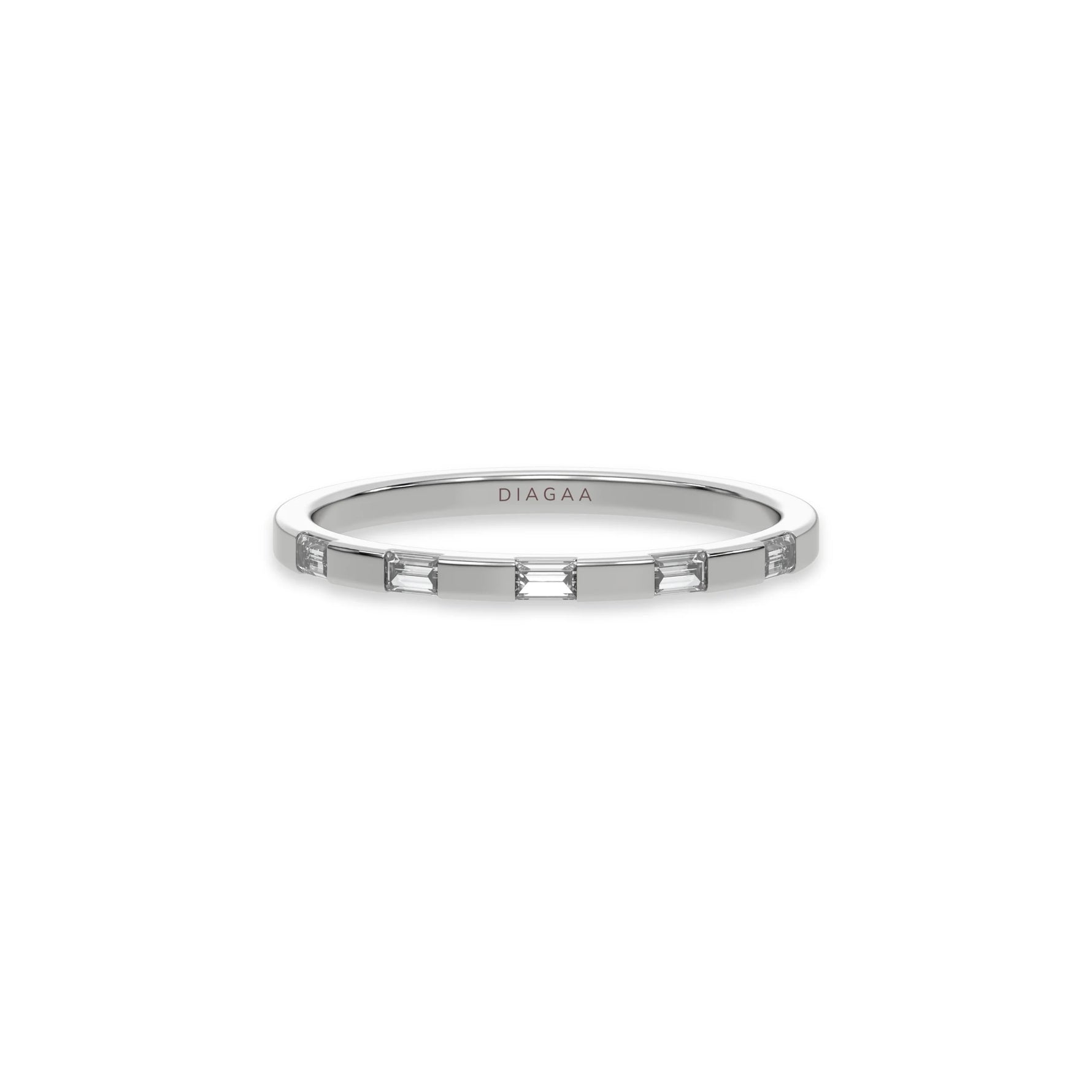 This white gold Half Eternity Distance Diamond Band made with baguette diamonds and arranged at intervals creating and alternating pattern between gold and diamond in top view