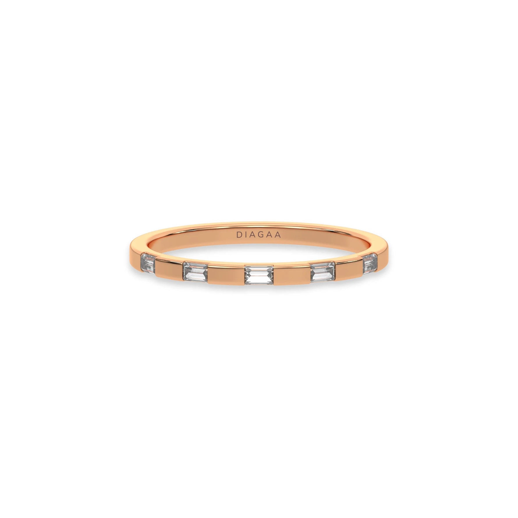 This rose gold Half Eternity Distance Diamond Band made with baguette diamonds and arranged at intervals creating and alternating pattern between gold and diamond in top view