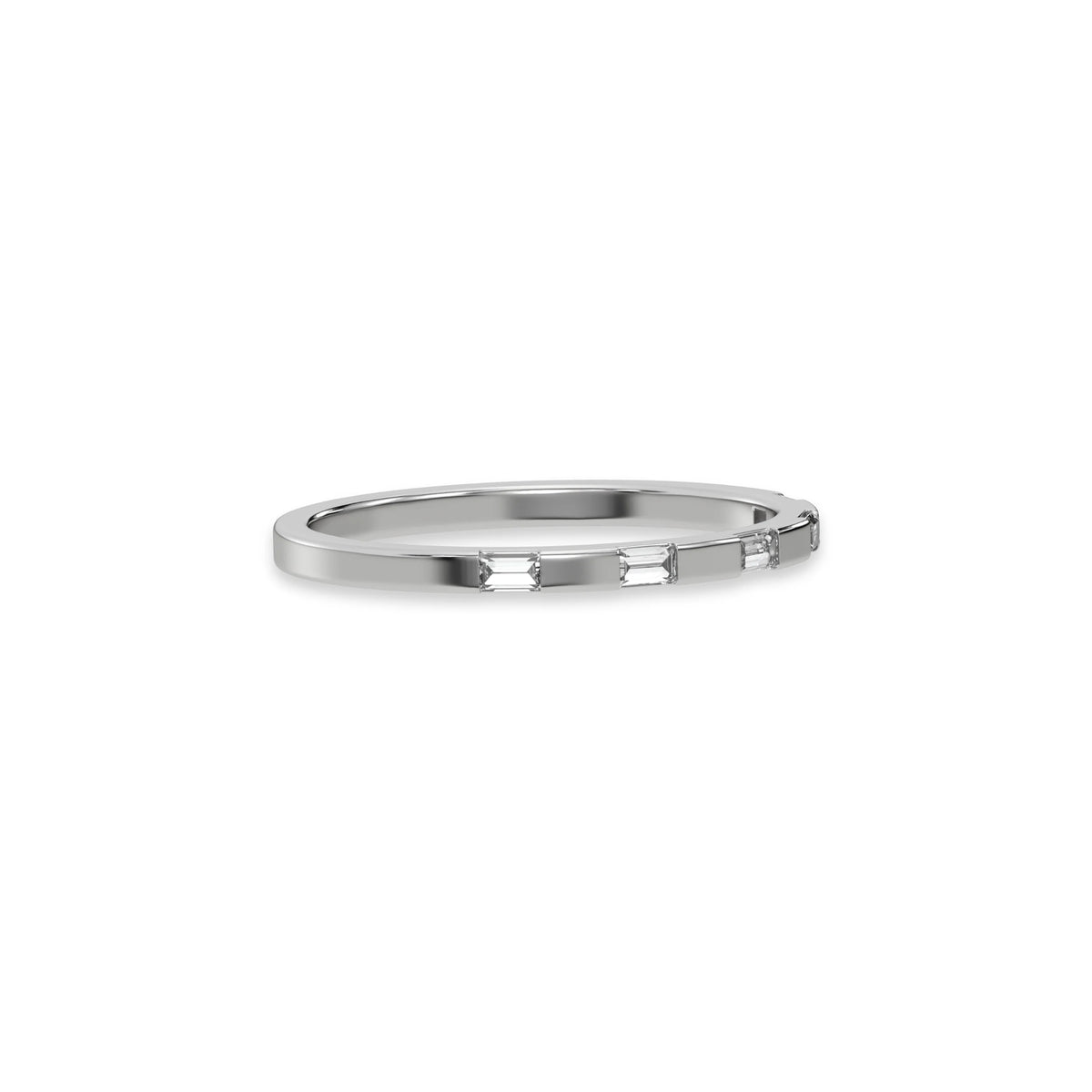 This white gold Half Eternity Distance Diamond Band made with baguette diamonds and arranged at intervals creating and alternating pattern between gold and diamond in side view