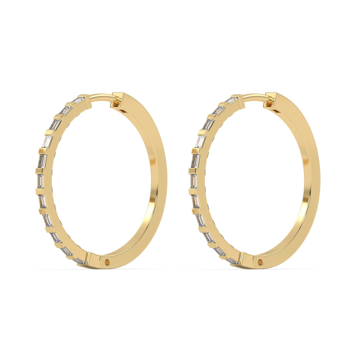 This yellow gold hoops are crafted using baguette diamonds and secured in a bar setting in side view