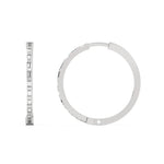 This white gold hoops are crafted using baguette diamonds and secured in a bar setting in top view and side view