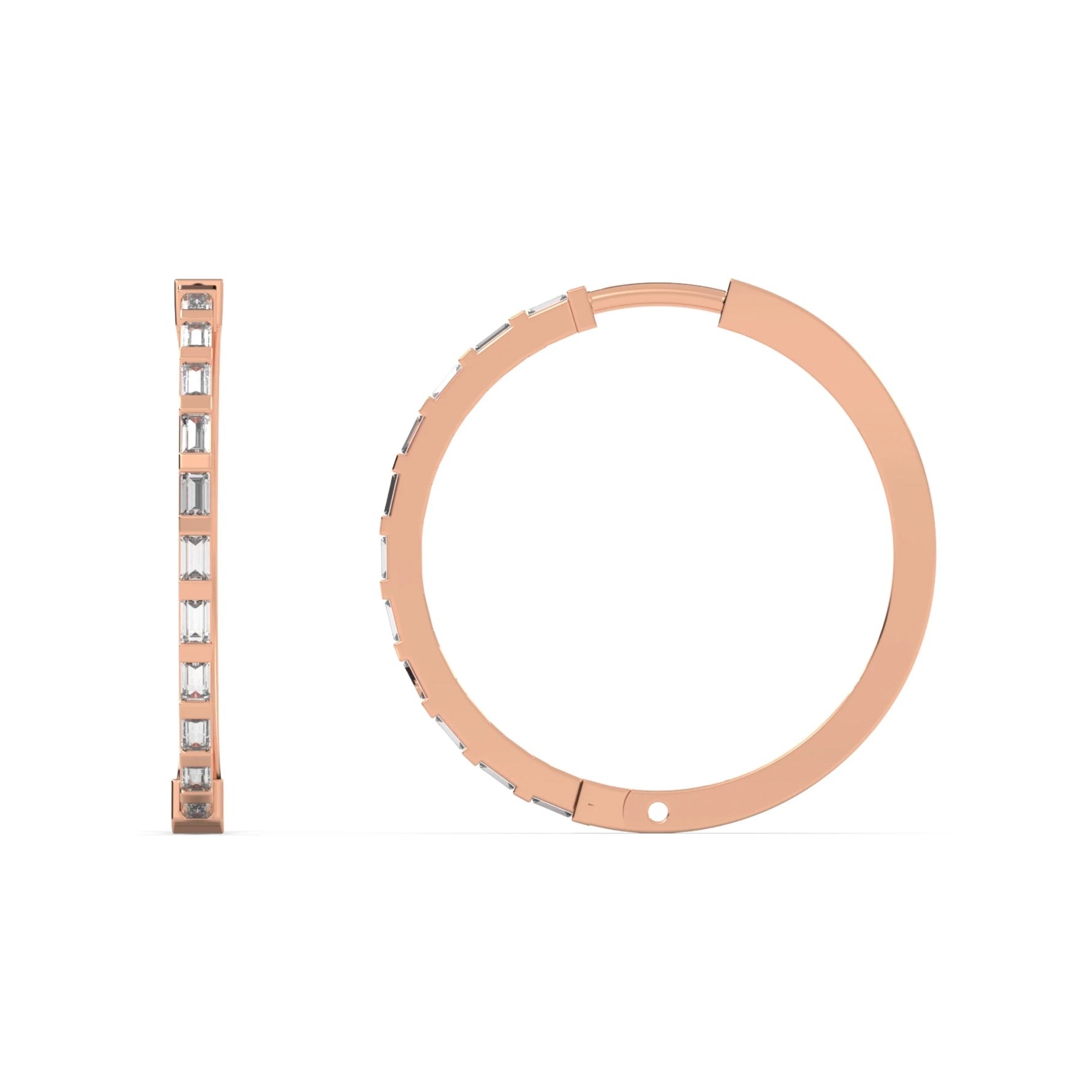 This rose gold hoops are crafted using baguette diamonds and secured in a bar setting in top view and side view