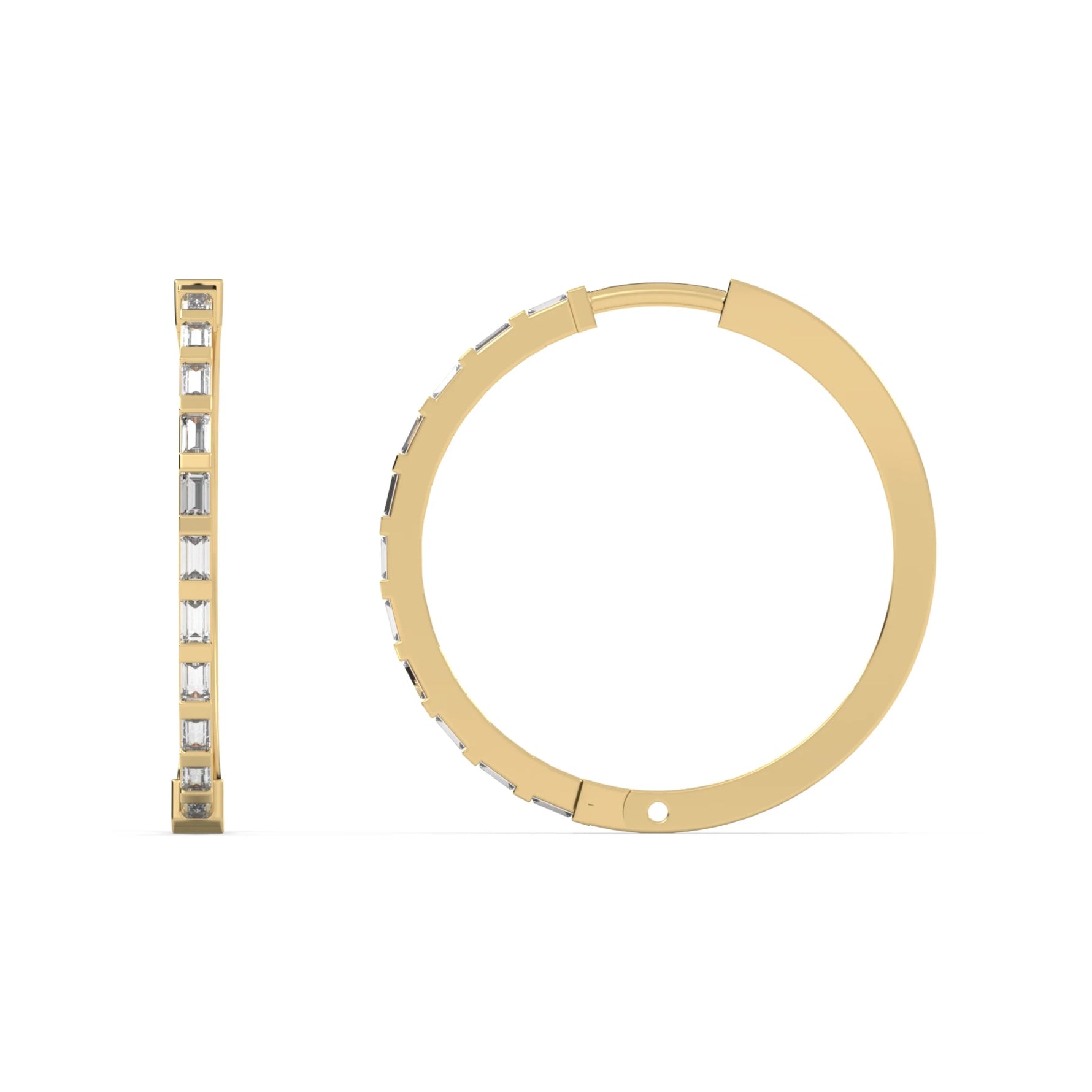 This yellow gold hoops are crafted using baguette diamonds and secured in a bar setting in top view