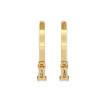 This yellow gold Dangling Baguette Diamond Hoop Earrings handmade with round brilliant-cut diamonds in prong setting and a baguette solitaire hanging at the bottom in back view