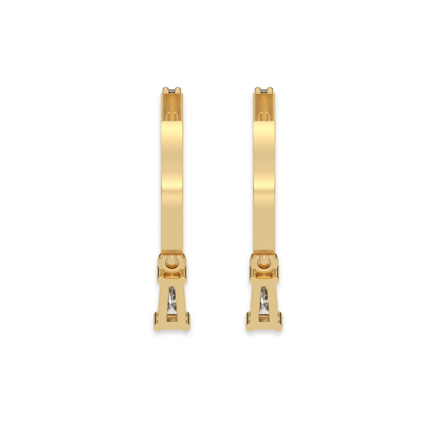 This yellow gold Dangling Baguette Diamond Hoop Earrings handmade with round brilliant-cut diamonds in prong setting and a baguette solitaire hanging at the bottom in back view