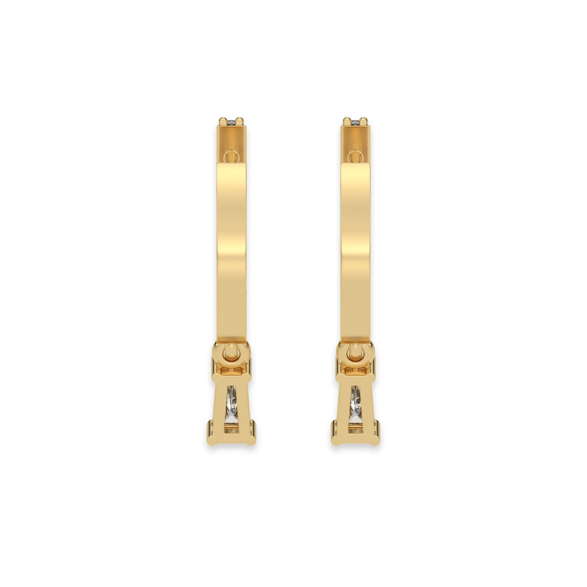 This yellow gold Dangling Baguette Diamond Hoop Earrings handmade with round brilliant-cut diamonds in prong setting and a baguette solitaire hanging at the bottom in back view