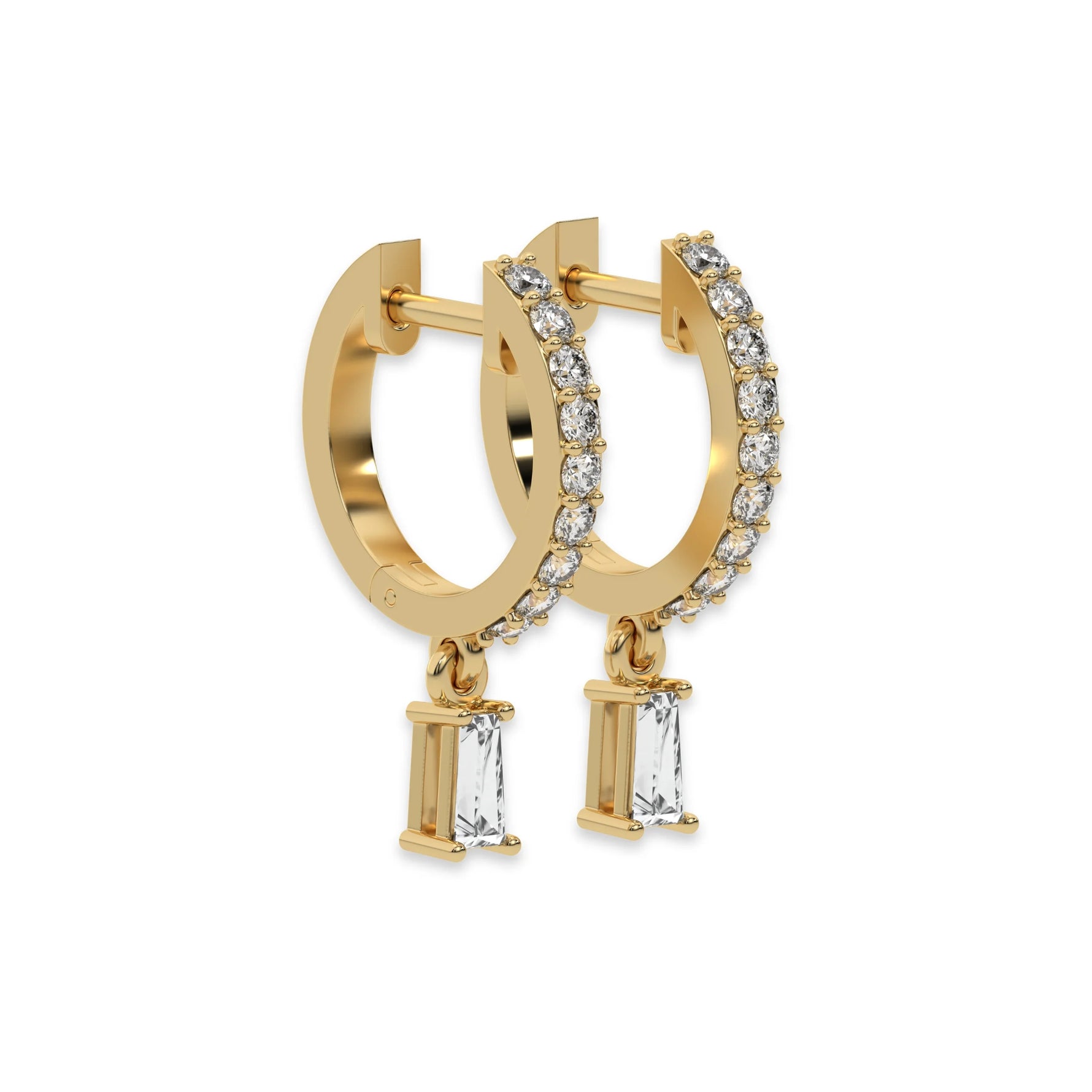 This yellow gold Dangling Baguette Diamond Hoop Earrings handmade with round brilliant-cut diamonds in prong setting and a baguette solitaire hanging at the bottom in side view