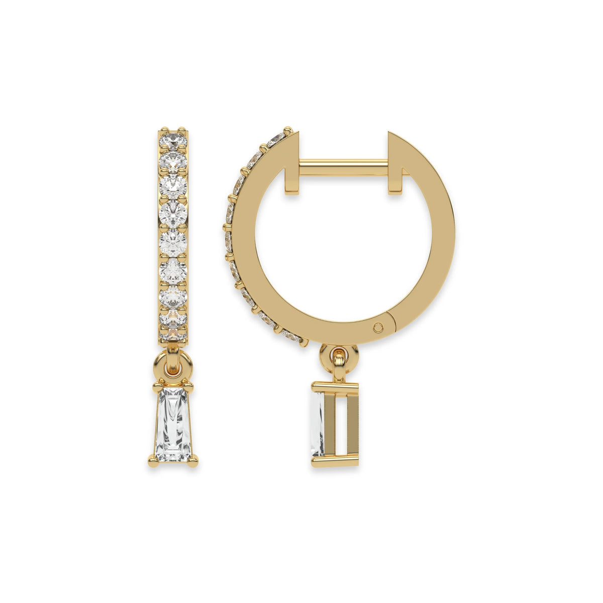 Front and side profile of a round and Baguette diamond dangling hoop earring in yellow gold featuring a classic prong setting with white background.