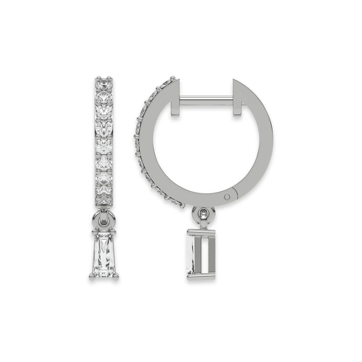 Front and side profile of a round and Baguette diamond dangling hoop earring in white gold featuring a classic prong setting with white background.