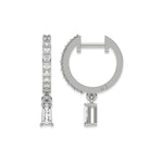 Front and side profile of a round and Baguette diamond dangling hoop earring in white gold featuring a classic prong setting with white background.