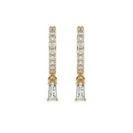 Yellow gold round and Baguette diamond dangling hoop earring with dangling solitaire charm in a secure prong setting.