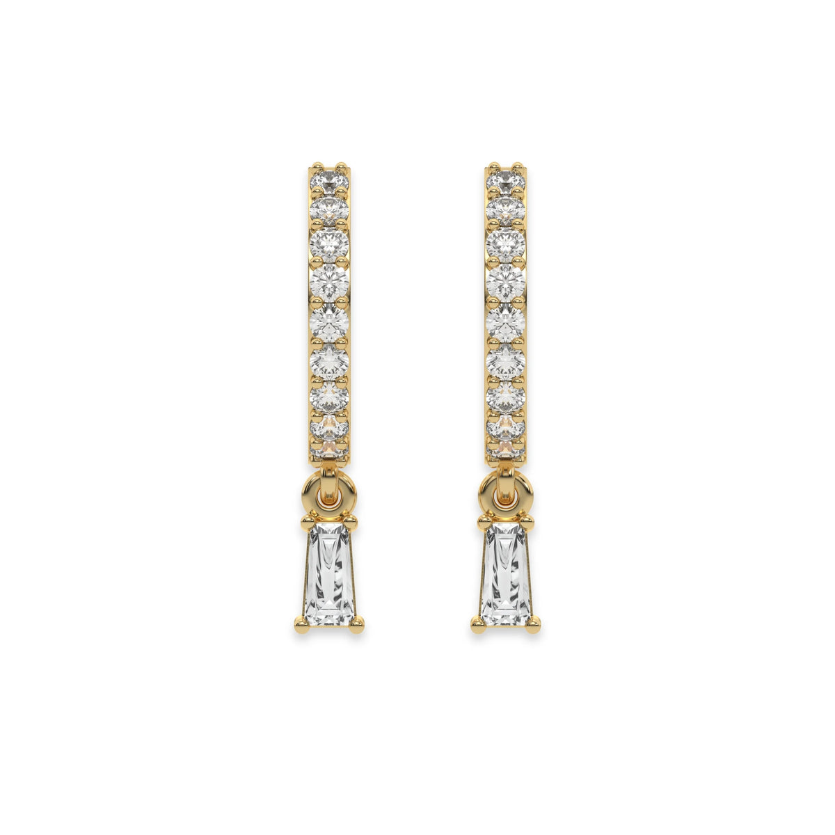 Yellow gold round and Baguette diamond dangling hoop earring with dangling solitaire charm in a secure prong setting.