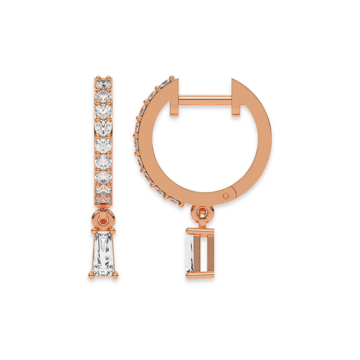 Front and side profile of a round and Baguette diamond dangling hoop earring in rose gold featuring a classic prong setting with white background.
