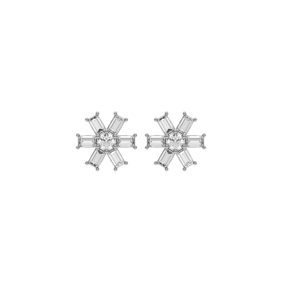 Floral prong-set baguette and round diamond stud earring pair in white gold, featuring a central round cut encircled by six baguette diamonds.
