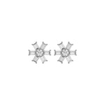 Floral prong-set baguette and round diamond stud earring pair in white gold, featuring a central round cut encircled by six baguette diamonds.