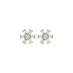 Floral prong-set baguette and round diamond stud earring pair in yellow gold, featuring a central round cut encircled by six baguette diamonds.