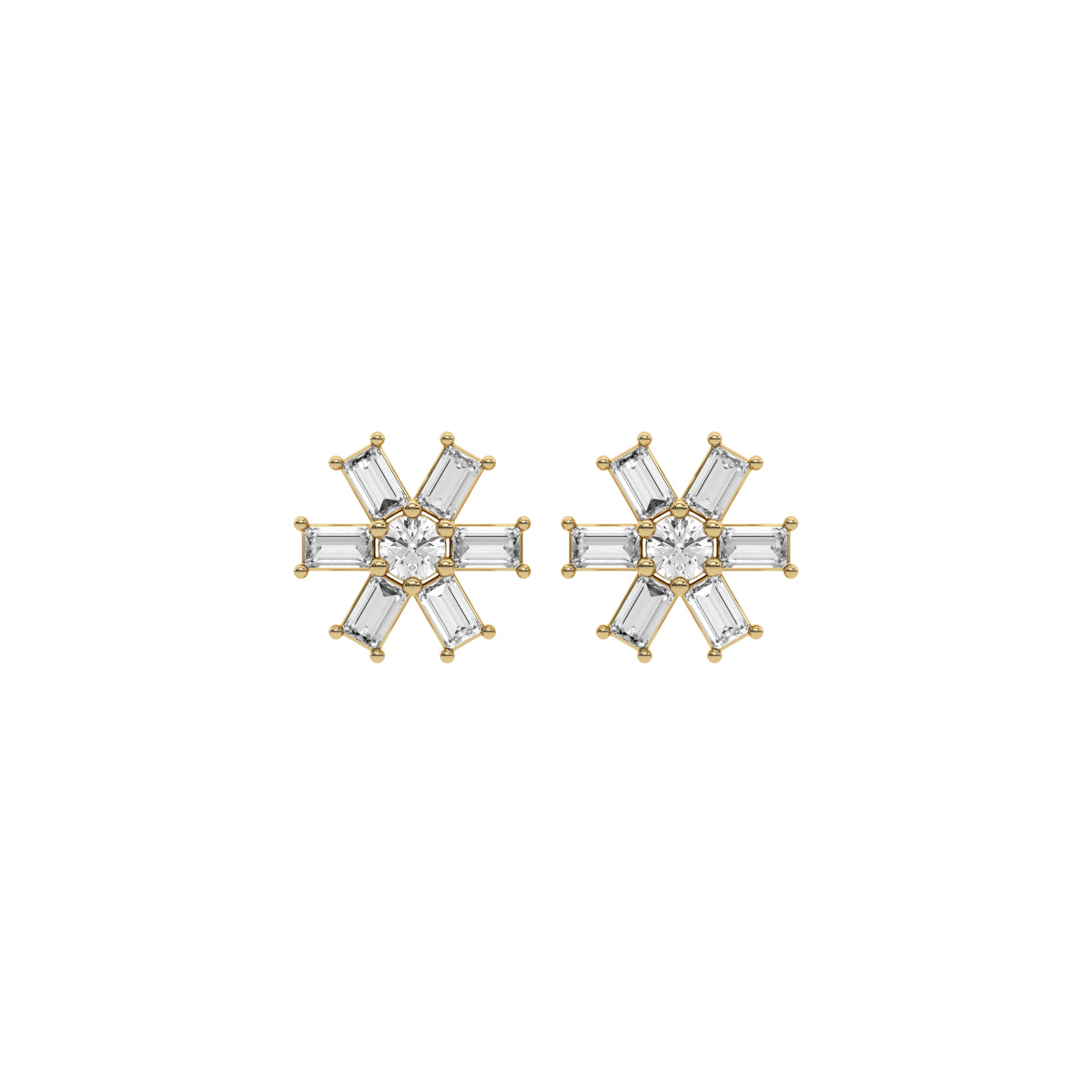 Floral prong-set baguette and round diamond stud earring pair in yellow gold, featuring a central round cut encircled by six baguette diamonds.