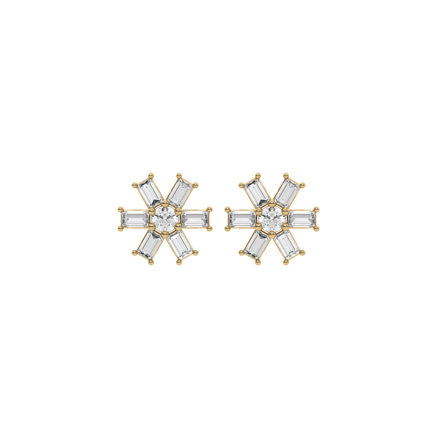14k yellow gold baguette and round cut diamond flower stud earrings set in prongs.