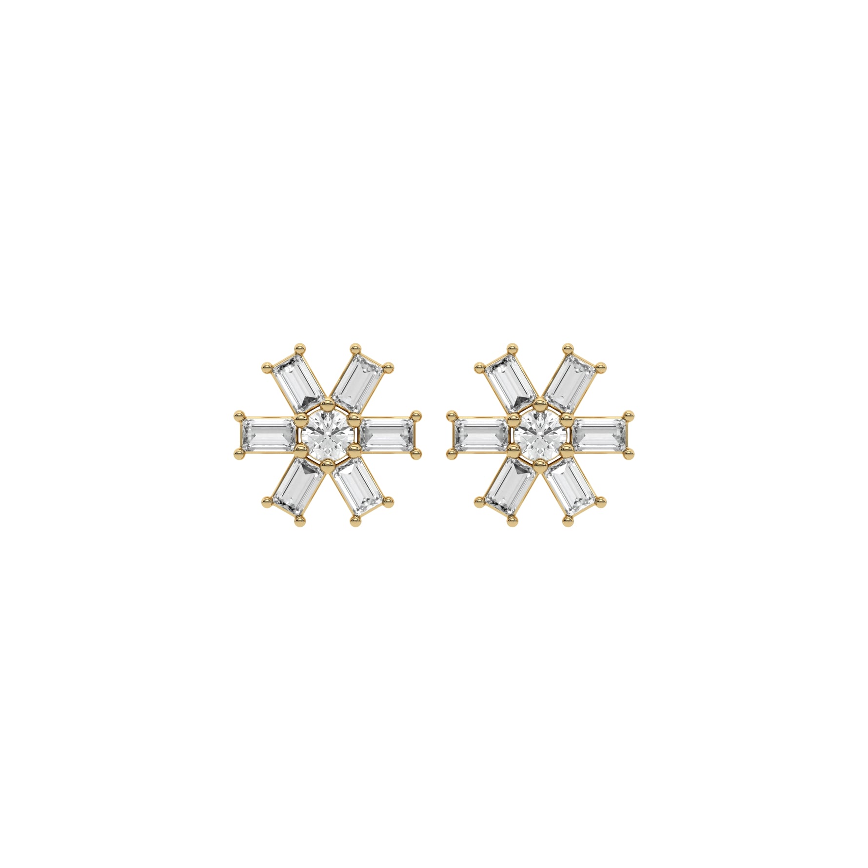 14k yellow gold baguette and round cut diamond flower stud earrings set in prongs.