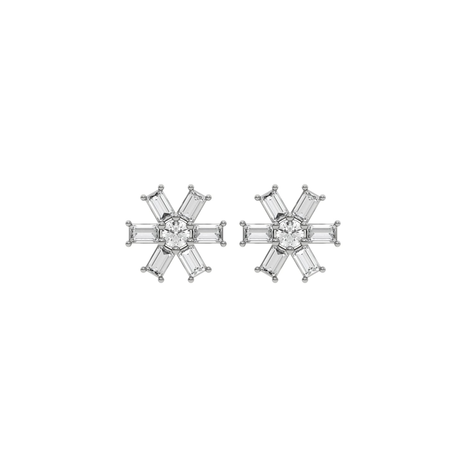 18k white gold baguette and round cut diamond flower stud earrings set in prongs.