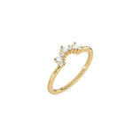 Angled view of a yellow gold curved tiara band with baguette and round diamonds. Delicate contoured stacking wedding ring for women