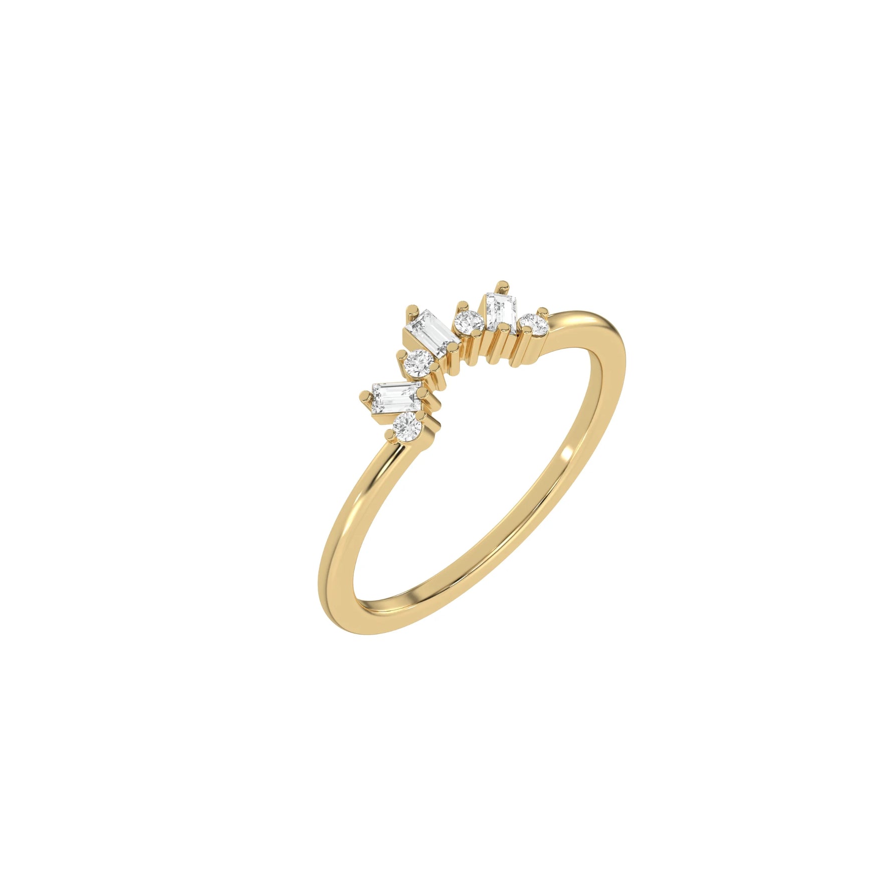 Angled view of a yellow gold curved tiara band with baguette and round diamonds. Delicate contoured stacking wedding ring for women