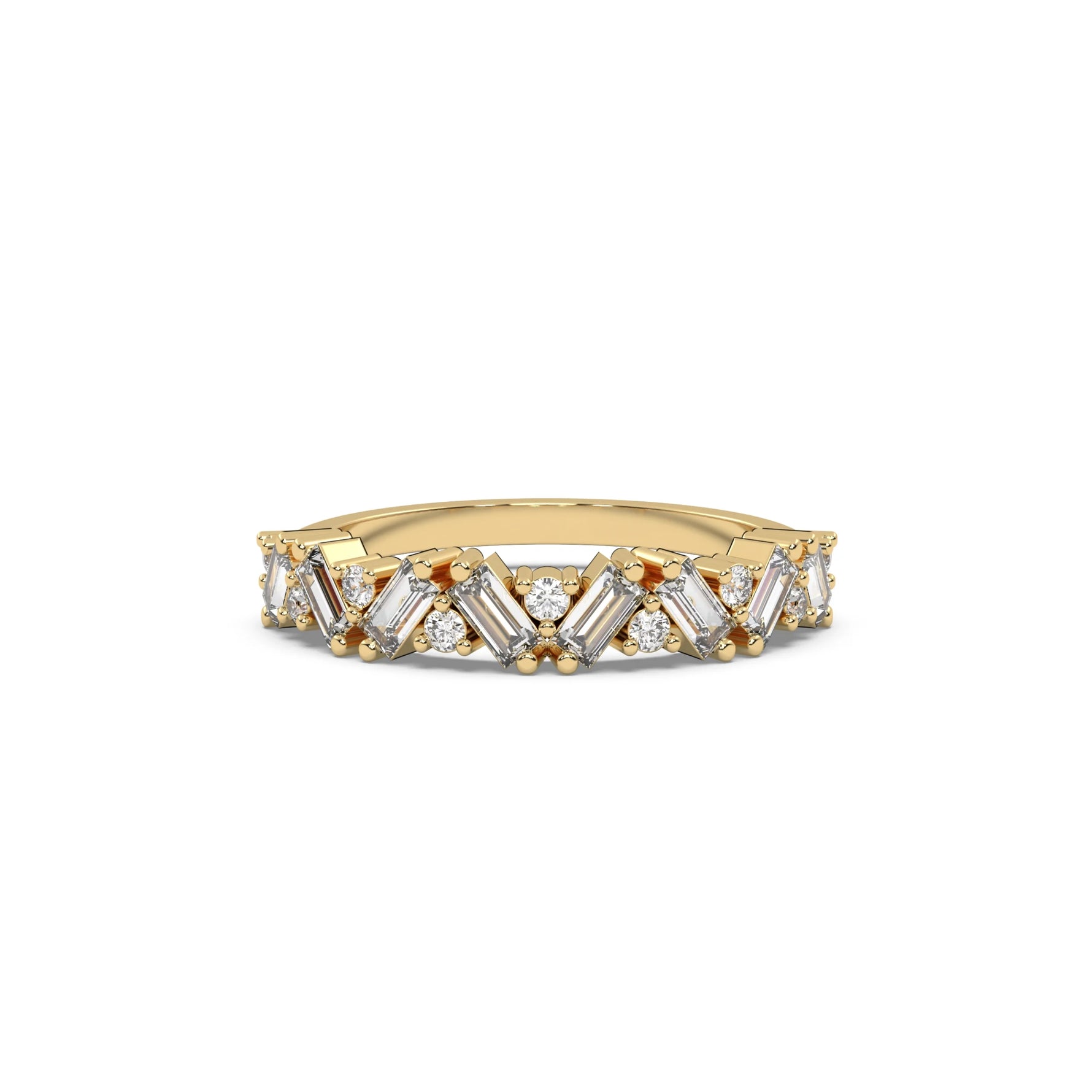 This yellow gold half eternity ring made with slanted baguette diamonds and round diamonds in an alternating pattern set securely in prongs in top view