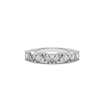 This white gold A half eternity ring made with slanted baguette diamonds and round diamonds in an alternating pattern set securely in prongs in top view