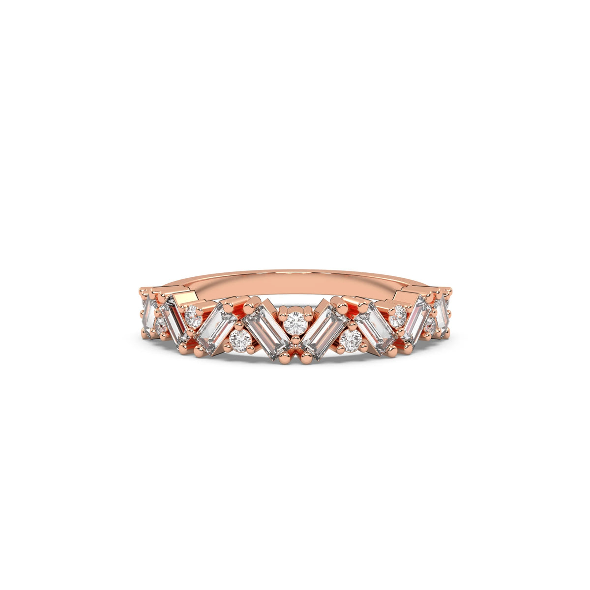 This rose gold A half eternity ring made with slanted baguette diamonds and round diamonds in an alternating pattern set securely in prongs in top view