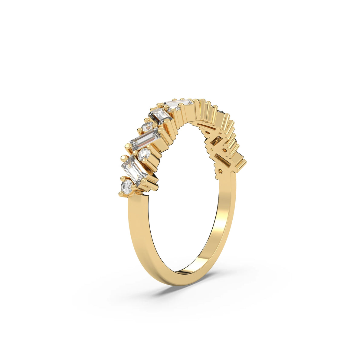 This yellow gold A half eternity ring made with slanted baguette diamonds and round diamonds in an alternating pattern set securely in prongs in side view