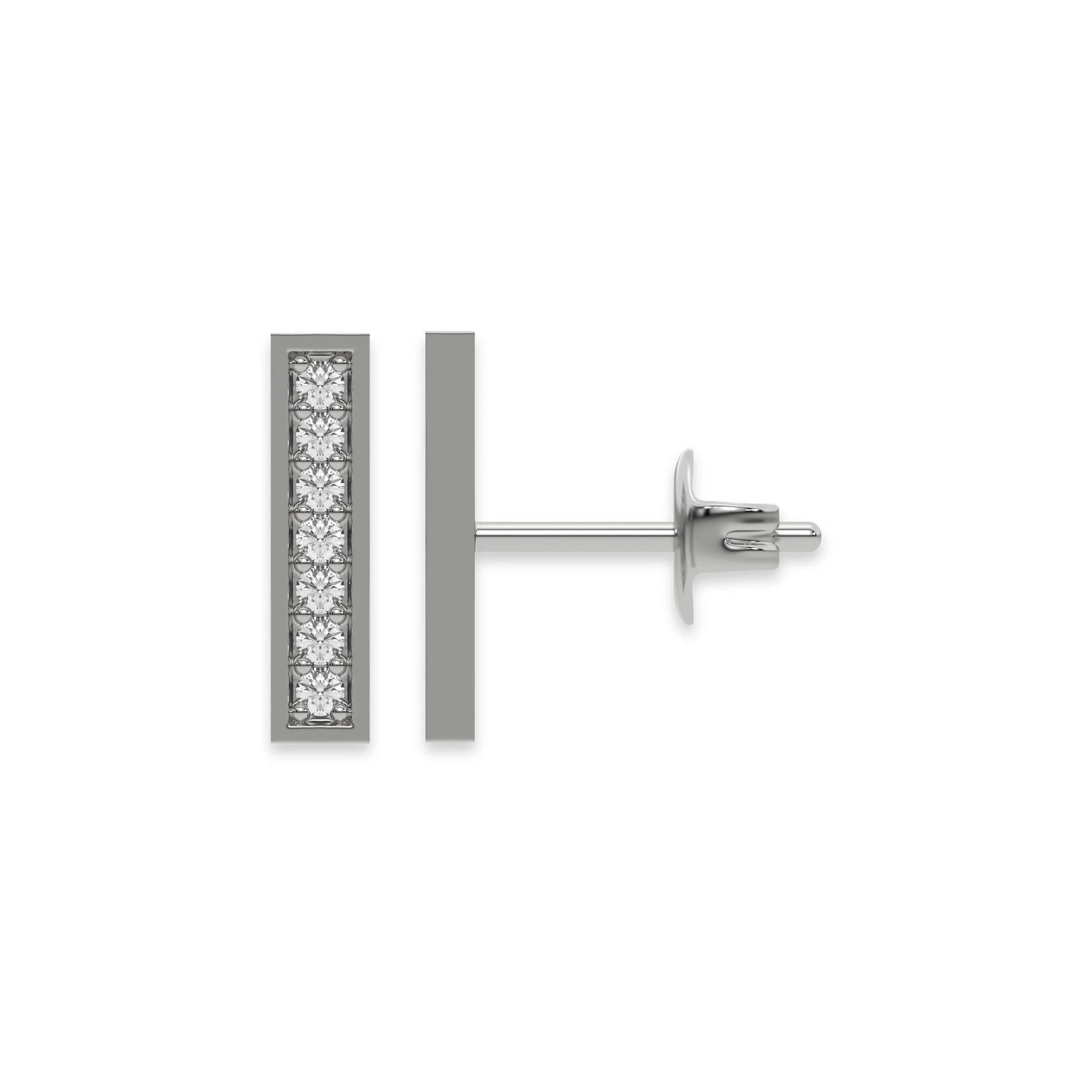 This white Gold Bar Diamond Studs made with round brilliant-cut diamond and set in pave setting, while each bar is made with an array of seven round diamonds in top view and side view