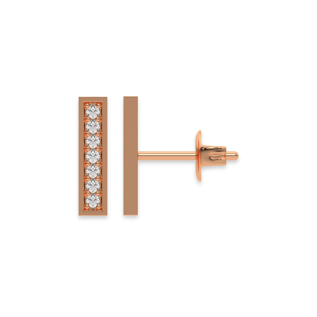 This rose gold Bar Diamond Studs made with round brilliant-cut diamond and set in pave setting, while each bar is made with an array of seven round diamonds in top view and side view