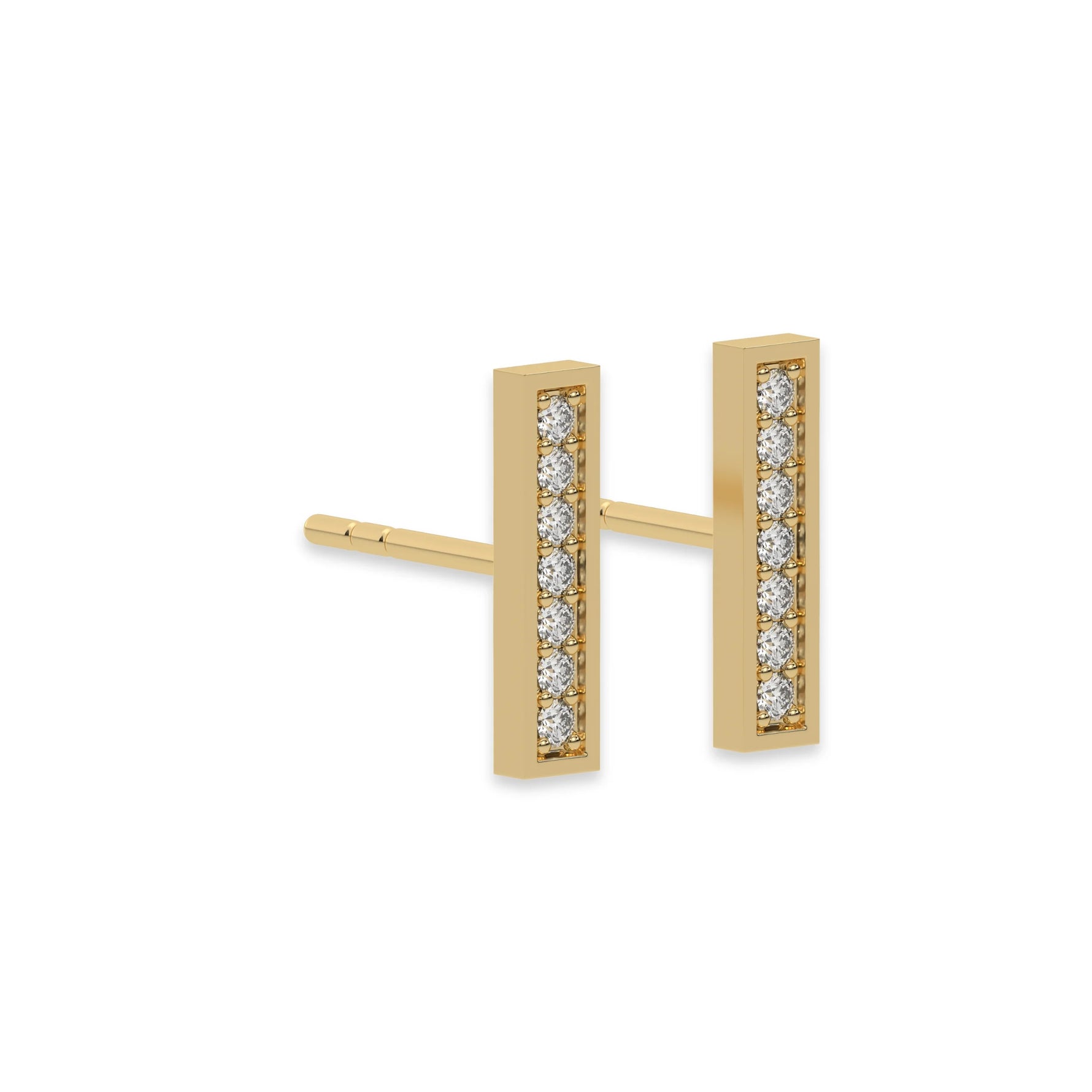 This yellow gold Bar Diamond Studs made with round brilliant-cut diamond and set in pave setting, while each bar is made with an array of seven round diamonds in side view