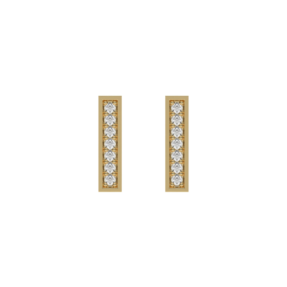 18k Yellow gold lab grown round cut diamond bar stud earrings in pave setting.