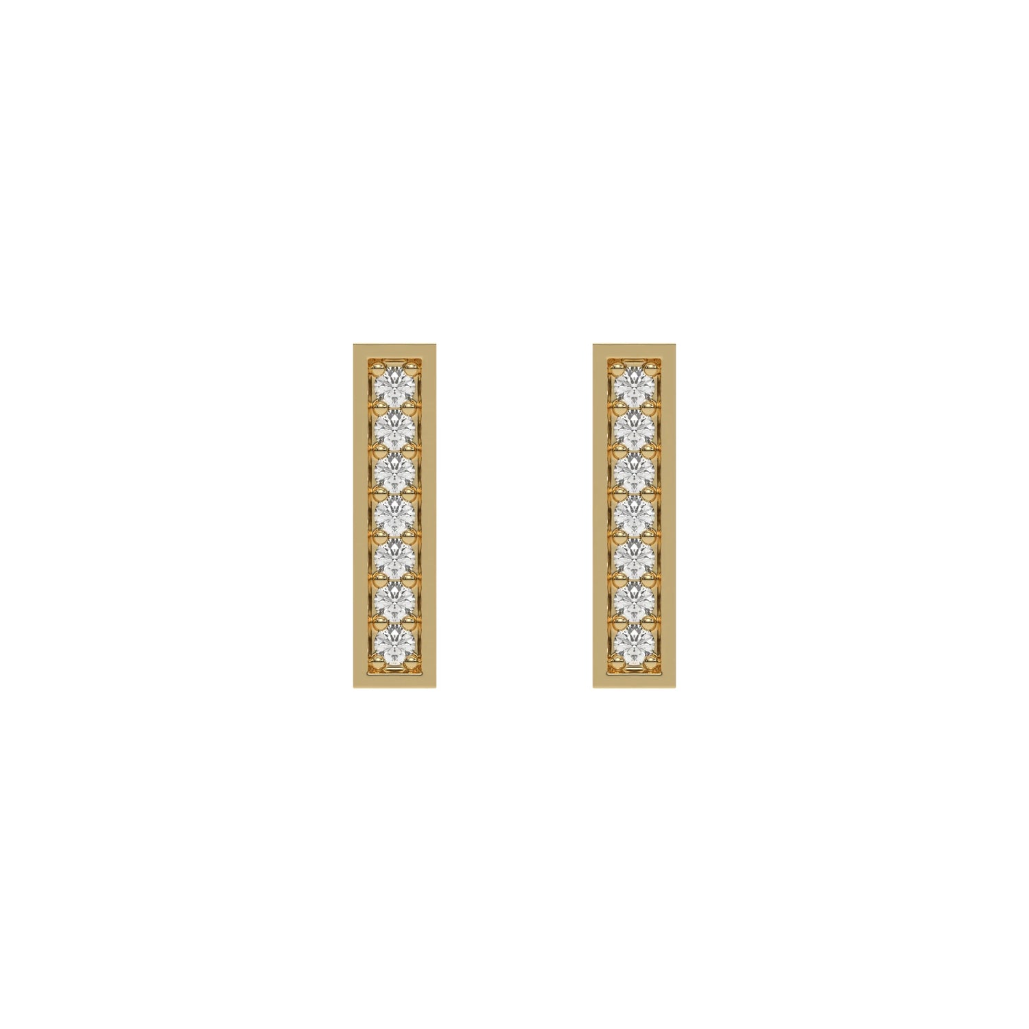 18k Yellow gold lab grown round cut diamond bar stud earrings in pave setting.