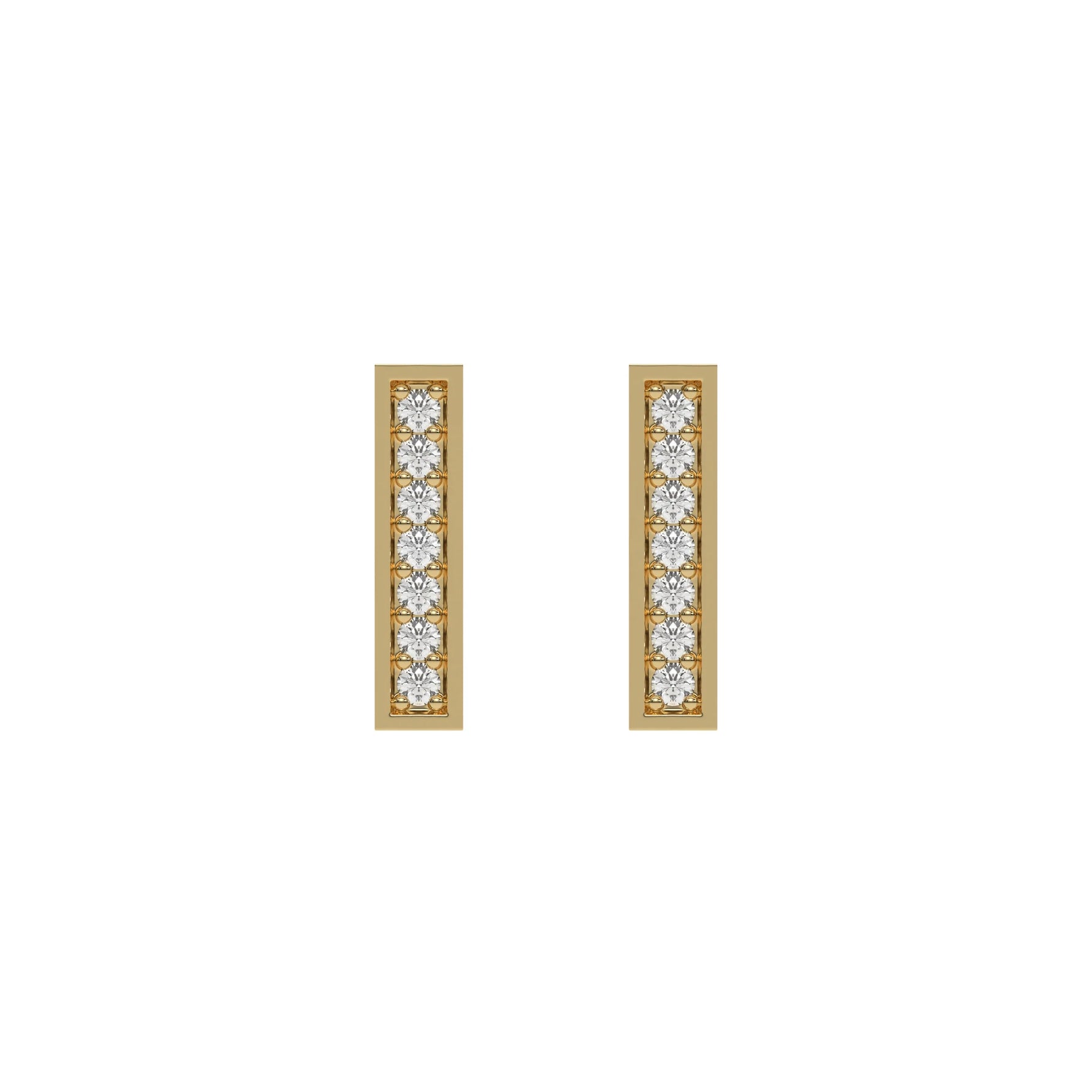 18k Yellow gold lab grown round cut diamond bar stud earrings in pave setting.