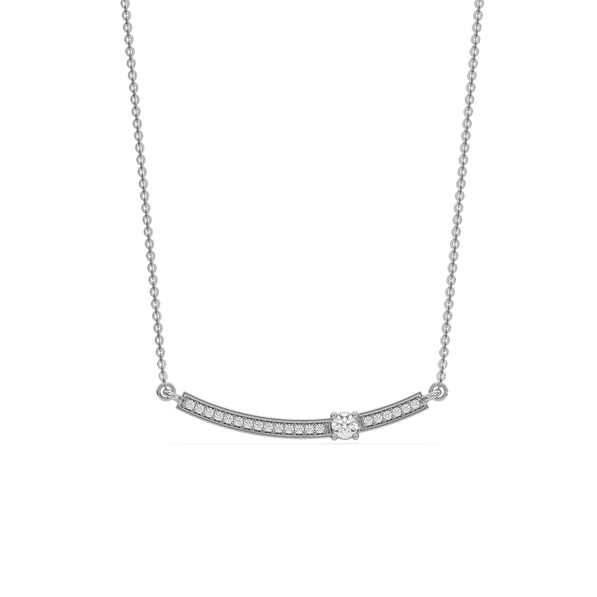 Curved Bar Diamond Necklace made with round brilliant-cut diamond in pave setting with a round solitaire on top set at an angle with adjustable chain