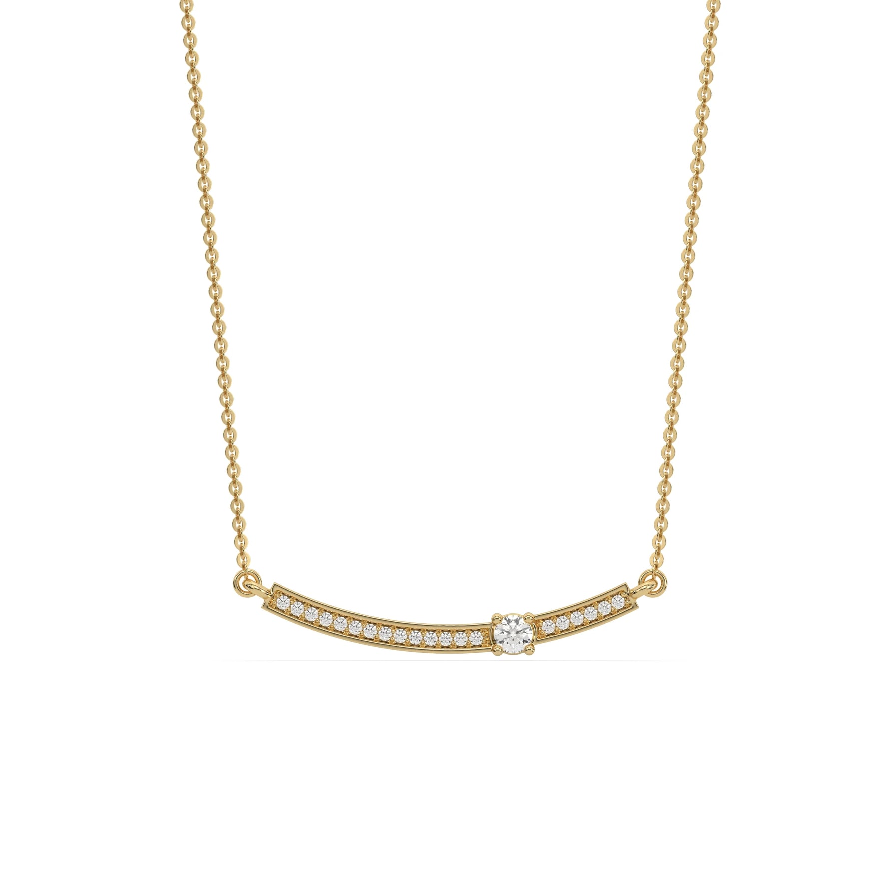 Curved Bar Diamond Necklace made with round brilliant-cut diamond in pave setting with a round solitaire on top set at an angle with adjustable chain