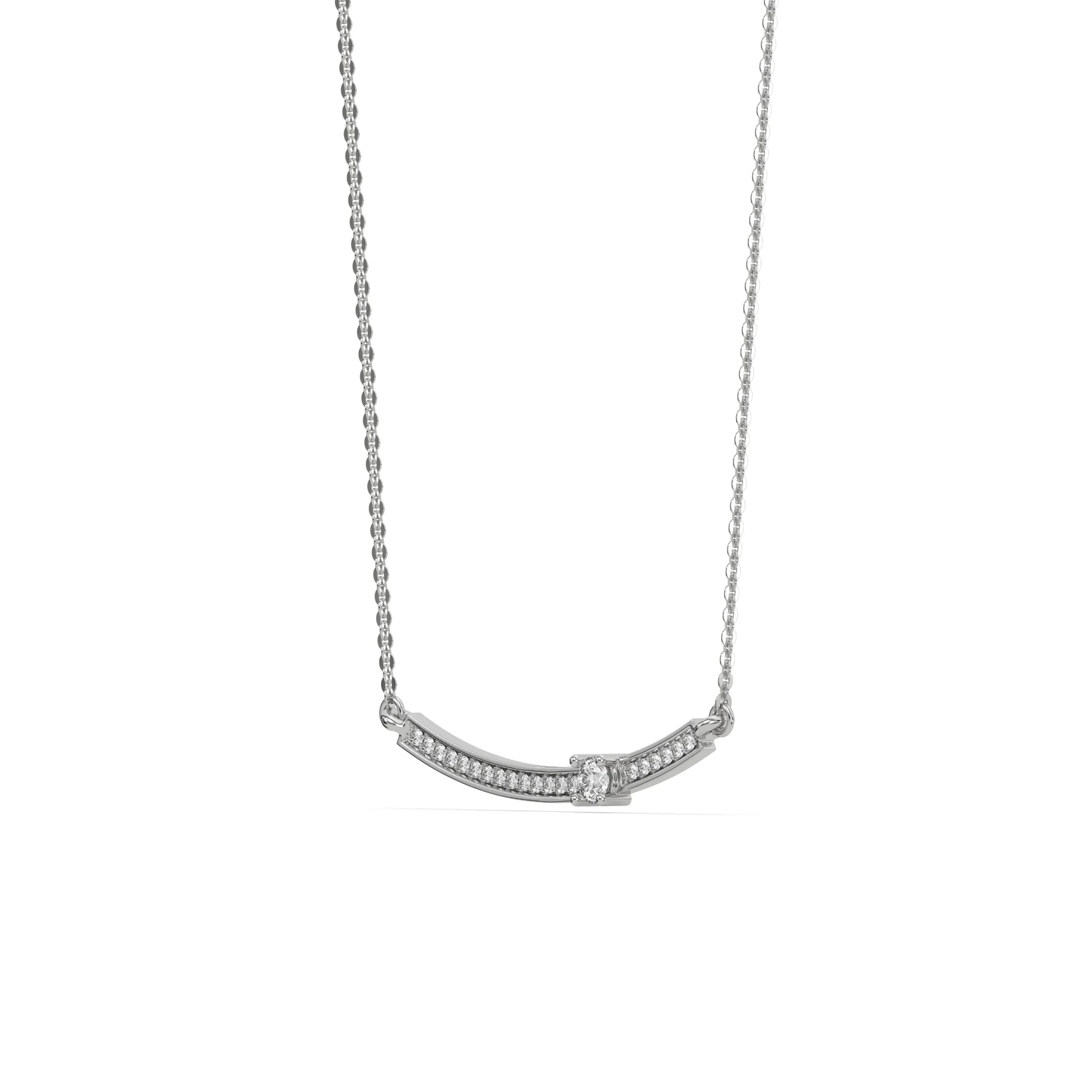 Curved Bar Diamond Necklace made with round brilliant-cut diamond in pave setting with a round solitaire on top set at an angle with adjustable chain