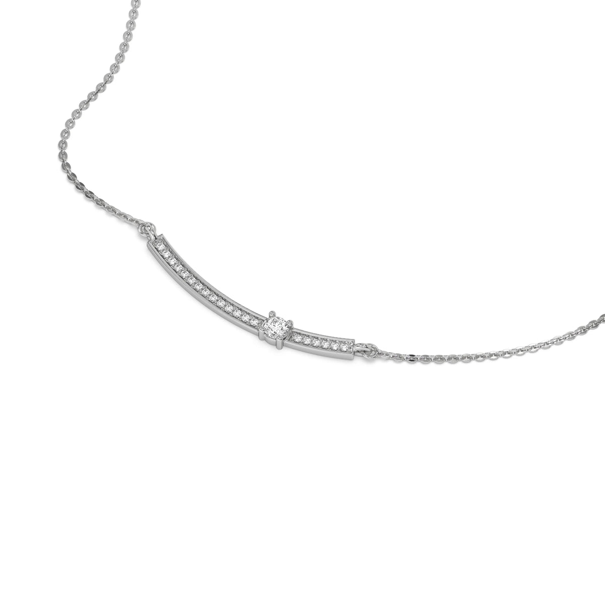 Curved Bar Diamond Necklace made with round brilliant-cut diamond in pave setting with a round solitaire on top set at an angle with adjustable chain